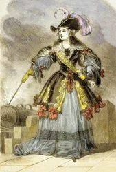 Anne Marie Louise d'Orleans avfyrer våpnene til Bastillen (fargegravering)