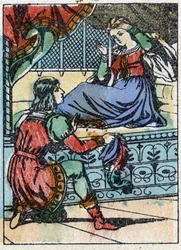Anonym illustrasjon for "La belle au bois dormant", fortelling av Charles Perrault (1628-1703), fransk forfatter. Tregravering av Imaging Pellerin - Epinal, sd. Sent på 1800-tallet.