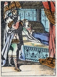Anonymous illustration for “La belle au bois dormant”, tale by Charles Perrault (1628-1703), French writer. Wood engraving of Imaging Pellerin - Epinal, sd. Late 19th century.