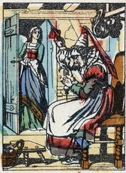 Anonymous illustration for “La belle au bois dormant”, tale by Charles Perrault (1628-1703), French writer. Wood engraving of Imaging Pellerin - Epinal, sd. Late 19th century.