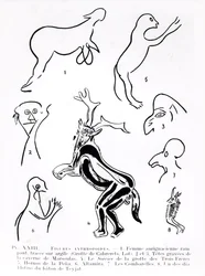 Antropoide figurer i forhistoriske huler, fra Les Artistes Prehistoriques av Morin-Jean, 1933