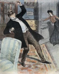 Apoplexy attack (sudden cessation of brain activity due to an accident of blood circulation in the brain). Illustration of the end of the 19th century for the novel “” gogosse”” by Max Villemer.