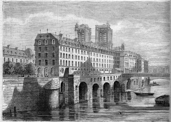 Arkitektur: utvendig utsikt over Hotel Dieu på Ile de la Cite i Paris, før rivingen. Utsikt tatt fra Quai de la Tournelle i 1859. Gravering i "" Le Monde Illustré"" nr. 136 av 19. november 1859.