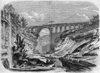 Architecture: view of the Valserine viaduct (Rhone Alpes) on the railway line connecting Lyon to Geneva. 1858. Engraving in “” Le Monde Illustré”” n°48 of 13 March 1858.