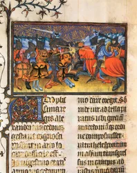 Hærens jagerfly. Miniatyr hentet fra manuskriptet til Francesco Petrarch eller Petrarch (1304-1374) italiensk lærd, poet og humanist, De Viris Illustribus,, 23rv. Universitetsbiblioteket i Valencia.