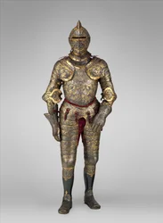 Rustning til Henrik II, konge av Frankrike (regjerte 1547-59), ca. 1555 (stål, gull, sølv, lær, tekstil)