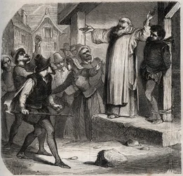 Arnaud du Tilh (Thil) is attached to a gallows and subjected to the insults of the crowd before his execution for usurping the identity of Martin Guerre (circa 1524 around 1560). Engraving from 1871 in “Histoire Des Cocuses Celebres”” by Henry de Kock (181