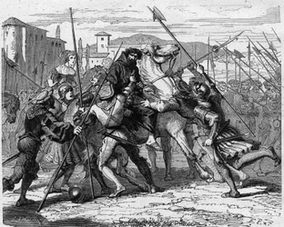 Arrestasjonen av Ludovico Maria Sforza, kalt il Moro (1452-1508), i Milano i 1500: Forrådt ved sveitsiske leiesoldater falt han i hendene på den franske hæren. Stikk i «Frankrikes historie i hundre malerier» av Paul Lehugeur