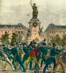 Arrestasjon av stedfortreder Pierre Baudin (1863-1917) under en demonstrasjon 1. mai på Place de La Republique i Paris.