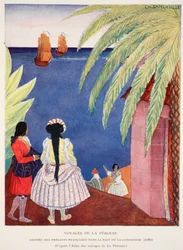 De franske fregattenes ankomst til unnfangelsesbukten, Voyages of Perouse, kopi av M. Charles Sanlaville (fl.1920-30), illustrasjon fra Histoire de la Nation Francaise av Gabriel Hanotaux (1853-194)