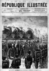 Ankomst av republikkens president Jules Grevy (1807-1891) ved Cherbourg-feiringen. En avis. Gravering fra 1880 i "La republique illustree"" privatsamling.