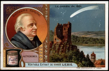 Astronomi: kometen fra 1831, med portrettet av William Herschel (Friedrich Wilhelm Herschel) (1738-1822) - Liebig-kromolitografi