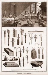 Verksted for en forgyller på metaller - "" The Great Encyclopedia, eller Dictionnaire Raisonne des Sciences, des Arts et des Metiers" (Encyclopedia or Dictionary of the Sciences, Arts and Professions) av Denis Diderot (1713-1784) og Jean d