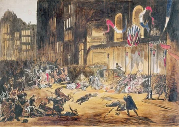 Forsøk på livet til Napoleon III og hans kone Eugenie av Felice Orsini og tre medskyldige 4. januar 1858 i Paris (fargegravering)