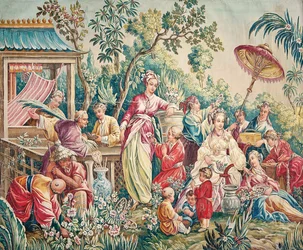 Aubusson tegneserie for et veggoppheng av figurer i en orientalsk hage