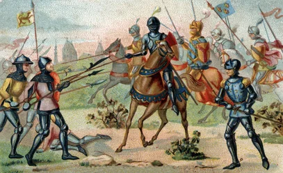 SLAGET OM ROSEBECQUE 27. NOVEMBER 1382 (Rozebeke, Belgia). Kromolitografi fra slutten av 1800-tallet.