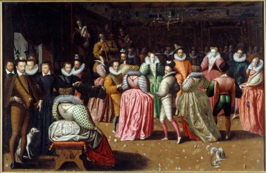Bal ved hoffet til kong Henry III og dronning Catherine de Medicis (Caterina de Medici) kjent som hertugen av Alencons bal. De suverene er representert til venstre, inkludert dronning Margot (Margarita av Navarre eller Valois (1553-1615). Maleri av F