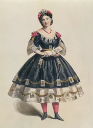 Ballkjole dekorert med fotografiske cartes de visite, ca. 1860