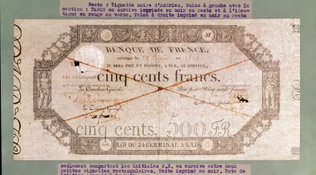 Seddel på 500 franc fra Årets 24. Germinal XI, 1806 (blekk på papir)