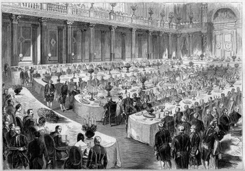 Bankett arrangert 14. august 1859 av Napoleon III i statshallen til Denon-paviljongen i Louvre (Paris) til ære for soldatene fra den italienske hæren etter deres seier ved Risorgimento i 1859. Gravering i "" Le Monde Illustré"" nr. 124 av 27