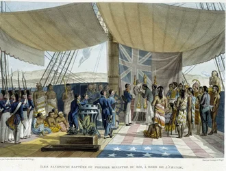 Dåp av innfødte fra Sandwichøyene ombord på Urania, tidlig på 1800-tallet