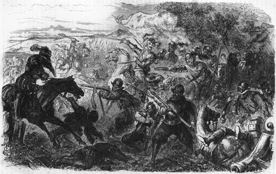 Battle of Coutras in 1587, won by Henri de Navarre, future Henry IV. In “” Histoire Populaire de la France””, sd. circa 1885. Engraving.