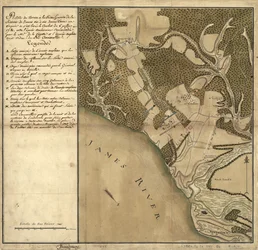 Battle of Green Spring, kart over landet på venstre bredd av James River overfor Jamestown i Virginia hvor slaget 6. juli