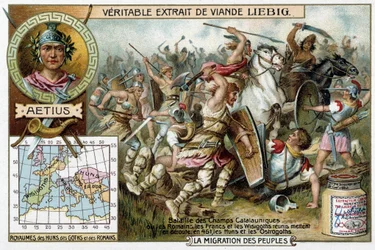 Slaget ved Catalaunique-markene, hvor romerne, frankerne og vestgoterne samlet seg, beseiret hunerne og østgoterne i 451. Portrett av den romerske generalen Aetius - Liébig reklamevignett
