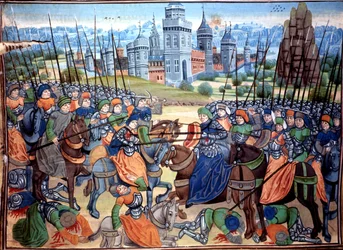 Slaget mellom korsfarerne og hedenske tropper nær byen Aleppo, ca. 1464 (manuskript)