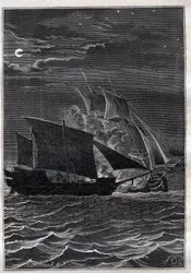 Battle of the Swallow og en malaysisk paro: Svaleskipet til Philip Carteret eller Philippe de Carteret (1733-1796) kjempet med et malaysisk piratskip i det indonesiske farvannet i 1767 - illustrasjon fra "The Great Mariners of the 18th century"&q