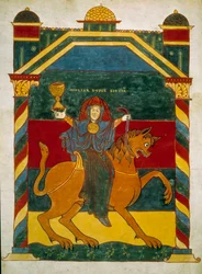 Beist and Woman, sittende på henne, rik prostituert. Miniatyr hentet fra kommentarene til "Apokalypsen ifølge Johannes" skrevet i 775 av munken Beatus av Liebana