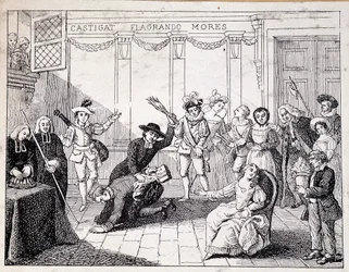 Beaumarchais piskes i Saint Lazare - scene med fustigering av Beaumarchais, holder brosjyren om Folle journée i hånden - fra ca. maleri av Comedie Française, gravering