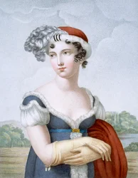 Vakker dame kledd i polonesestil, gravert av L. Dibart