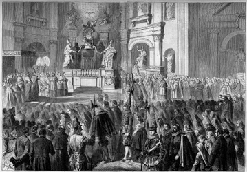 Velsignelse av pave Pius IX (1792-1878) av alteret på prekestolen til St. Peter-kirken i Roma, etter restaurering. Alter bygget mellom 1656 og 1658 av Gianlorenzo Bernini (Bernini