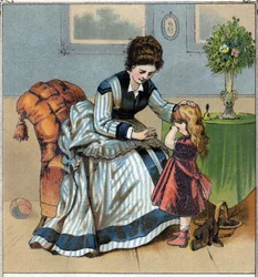 Berthe is crying because she just poked her finger while doing sewing work. Her mother scolds her for forgetting to use the sewing. Chromolithography taken from “Scenes enfantines””. published by Guerin - Muller around 1885.