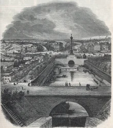 Fugleutsikt over Canal Saint-Martin (Saint Martin), Place og Bastille-distriktet, tatt fra høyre bredd av Seinen - Gravering i "Tableau-de-Paris" av Edmond Texier 1852