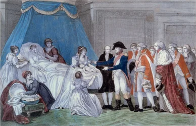 Fødsel av kongen av Roma Napoleon II (Francois Charles Joseph Napoleon Bonaparte) (1811-1832): seremoni av fødselsattesten til sønnen til keiser Napoleon I (1769-1821) ved Palais des Tuileries 20.03.1811. Gravering av 1800-tallet. Ile d