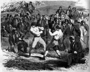 Boksekamp mellom engelske Thomas Sayers (1826-1865) og amerikanske John Carmel Heenan (1833-1873) i Aldershot, England, 17. april