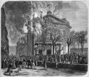 Brest, fire of the theatre on 11 March 1866, built in 1766 by Choquart de Lindu, engraving after a drawing by Clerget and Moraine and after a photograph by the Mage brothers, in “The Illustrated Universe””, 24/03/1866.