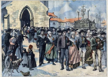 Breton custom: Traditional marriage in Plougastel (Finistere, Brittany). Marriages leave the Church. Engraving in “” Le Petro Parisien””