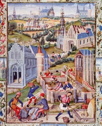 Byggeplasser i Saint Denis (by) for bygging av 12 kirker til ære for de 12 apotrene. Miniatyrbilde hentet fra «Den tre adelige greven Gerard de Roussillons liv»