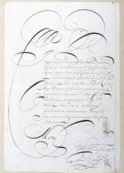 Kalligrafi: Regnskapsbrev kalligrafert rundt 1678 av Francois de Bruyn. Paris