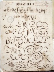 Calligraphy: Manuscript piece of round on veline adorned with arabesques around 1813 by Sebastien Royllet.Historical Library of the City of Paris