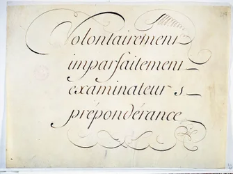 Kalligrafi: manuskriptstykke rundt 1670 av Andre Francois Roland. "med vilje, ufullkommen, eksaminatorer, overvekt"".