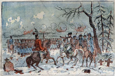 Kampanje av Preussen og Polen (1806-1807): "" Napoleon I (1769-1821) på slagmarken til Eylau den 08.02.1807 beordret Murat til å slå tilbake det russiske kavaleriet. Gravering fra 1800-tallet.