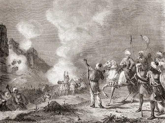 Kanoner brukt som beleiringsmaskiner av sultanen Abu Yaqub Yusuf under beleiringen av Sijilmasa, Marokko i 1274, fra Les Merveilles de la Science, utgitt ca. 1870 (gravering)
