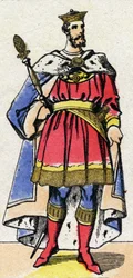 Capetian-dynastiet: Portrett av Filip I av Frankrike (1052-1108) konge av frankerne fra 1060 til 1108. Epinal avbildning fra slutten av 1800-tallet. Privat samling.