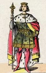 Capetians dynasti: Portrett av Filip IV av Frankrike, kjent som Filip Bel (1268-1314), kongen av frankerne fra 1285 til 1314. Epinal avbildning fra slutten av 1800-tallet. Privat samling.