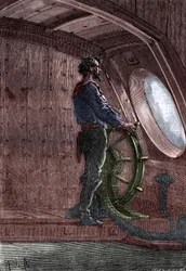 Kaptein Nemo ved roret på Nautilus, fra «Tjue tusen lieues sous les mers» av Jules Verne