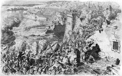 Capture of Lagny by Farnese in 1590, after an old engraving. In “” Histoire Populaire de la France””, sd. circa 1885. Engraving.